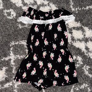 EUC One Step Up Unicorn Print Black Kids Off The Shoulder Romper Shorts - 10/12